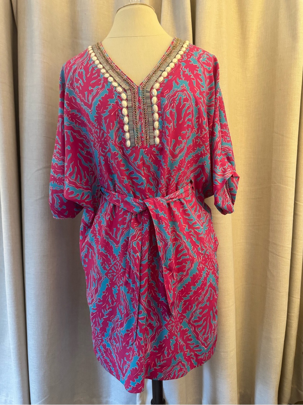 Lilly Pulitzer Pink and Teal Wilda Caftan Dress Size S